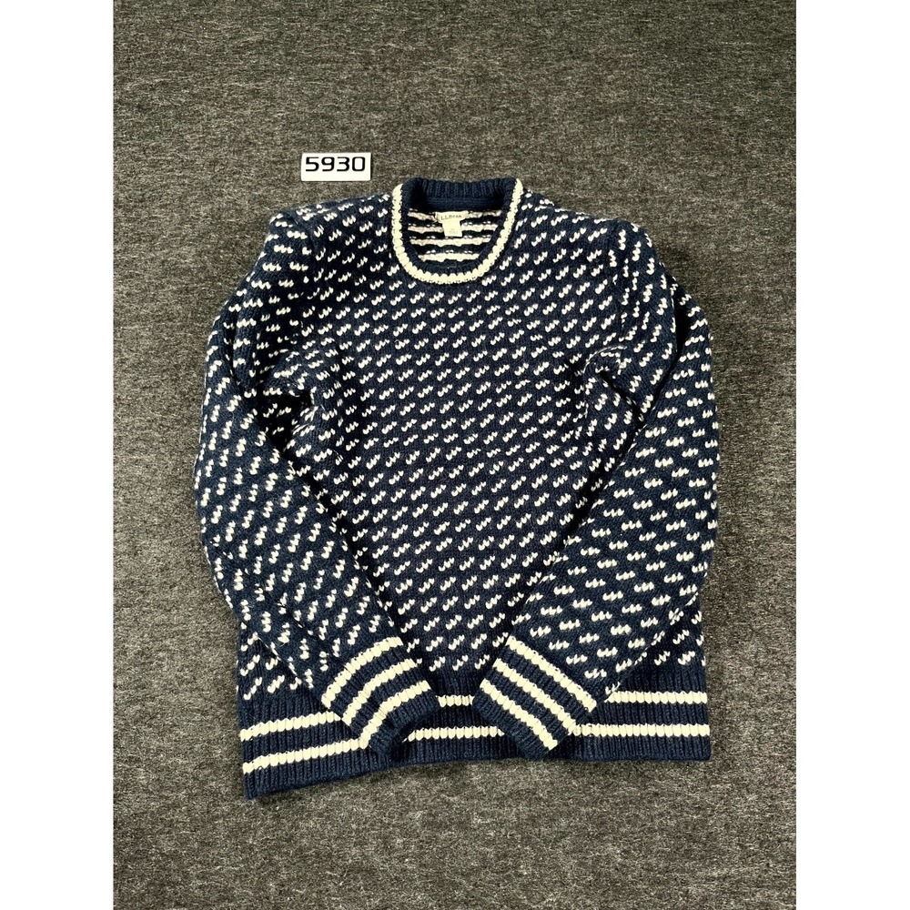 Felted Knit Navy and White Patterned Crewneck Sweater
